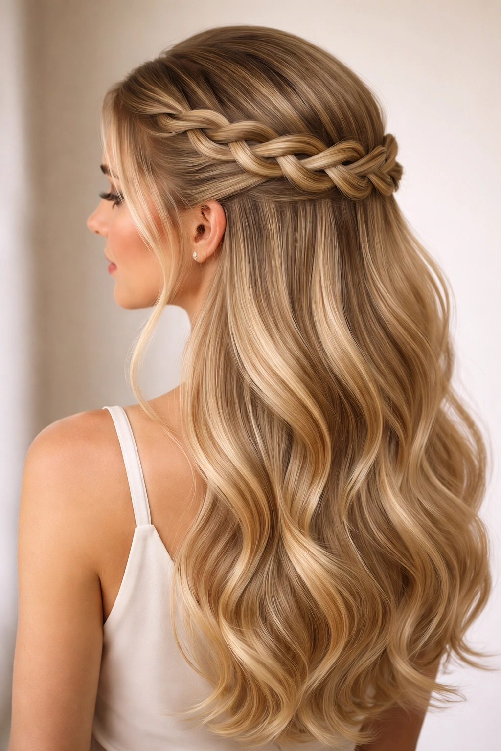 Profile view of infinity braid half up with geometric looping pattern