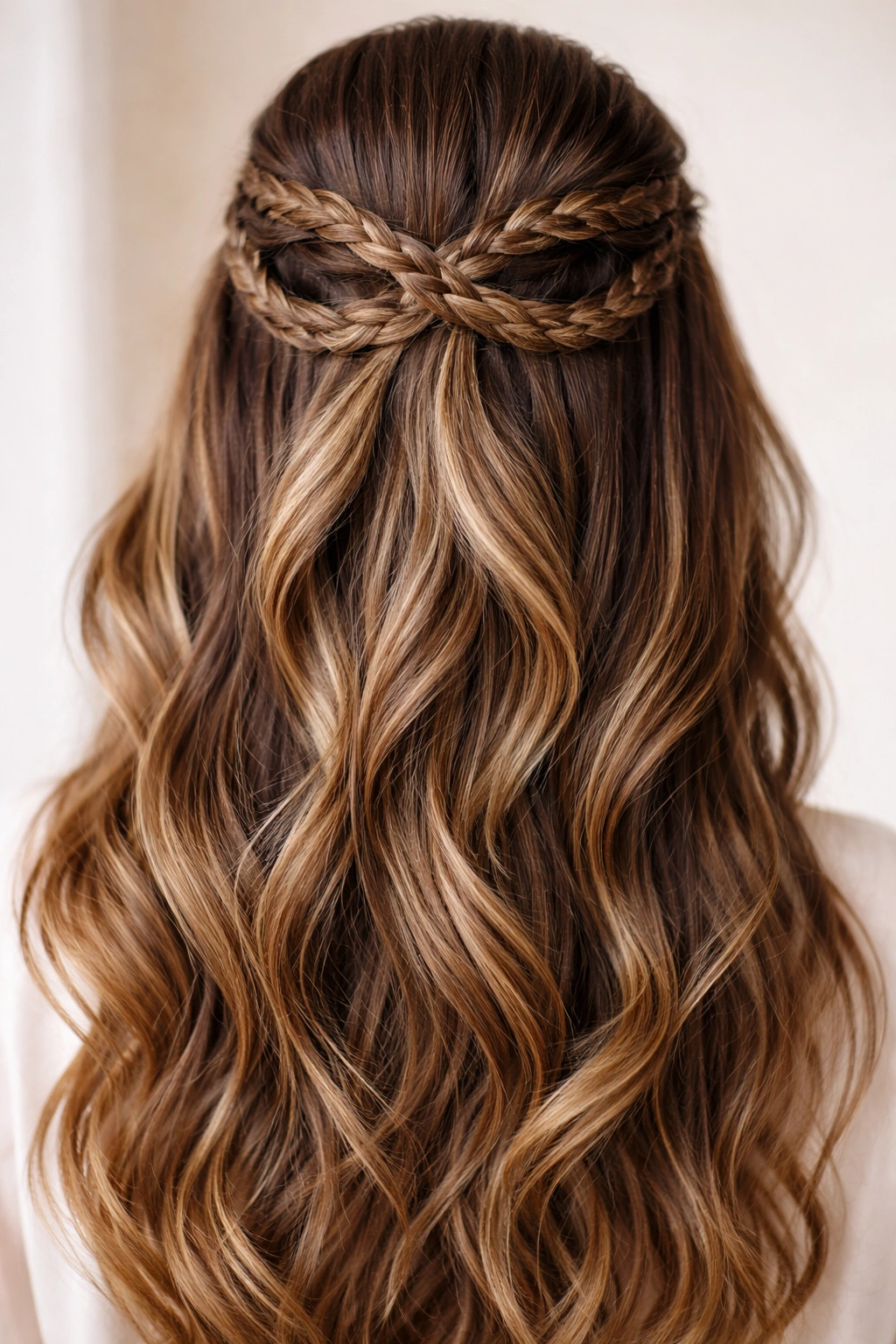 Two side braids forming an infinity at the crown for a half-up style