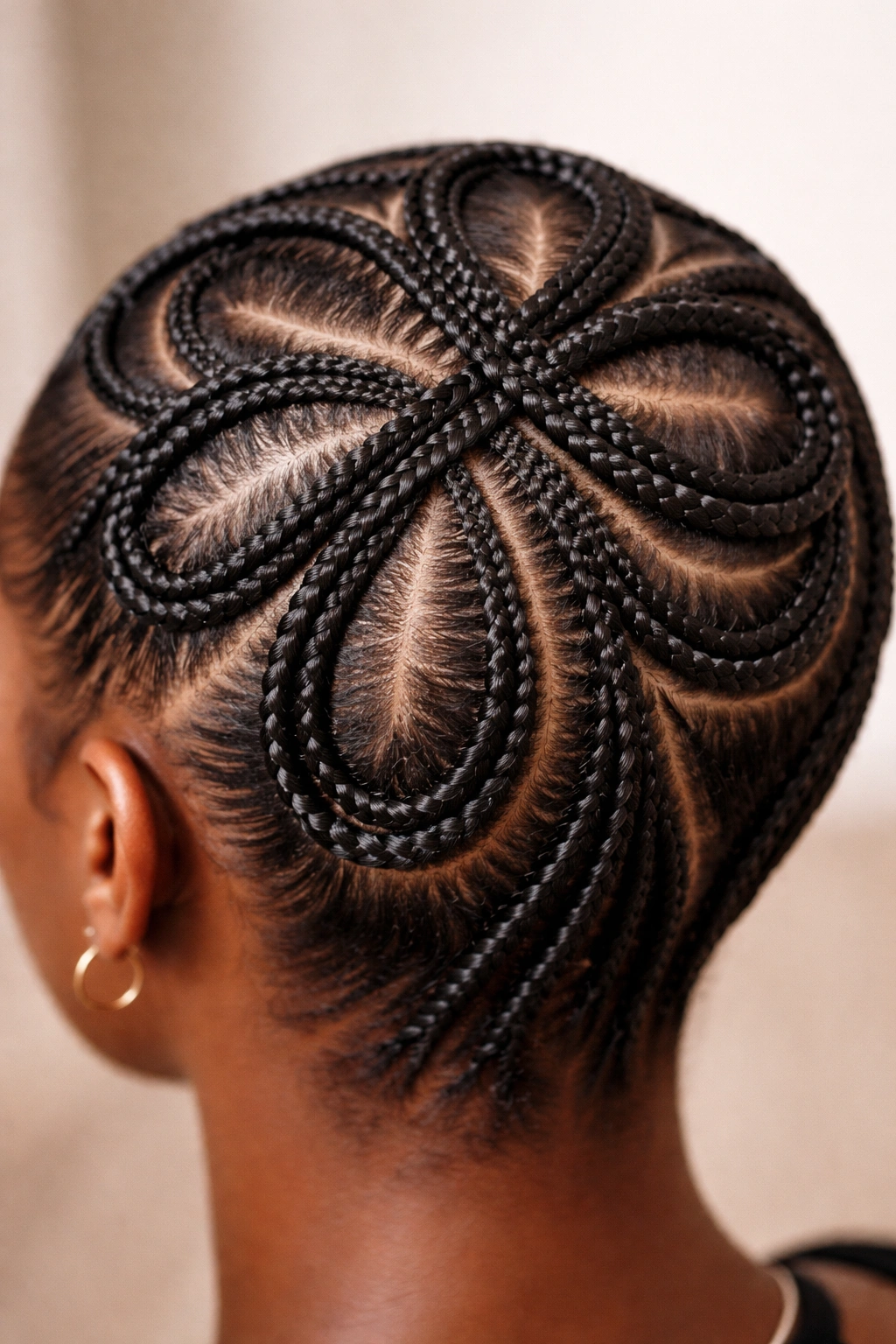 Close-up of infinity loop cornrows weaving across the scalp
