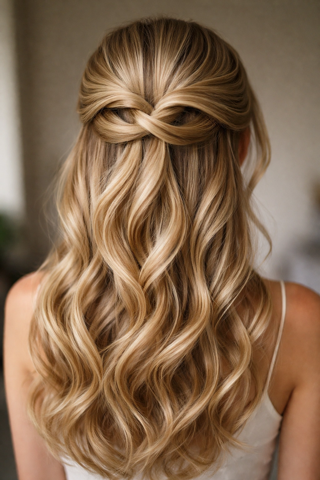 Twisted infinity loop half-up hairstyle with soft waves