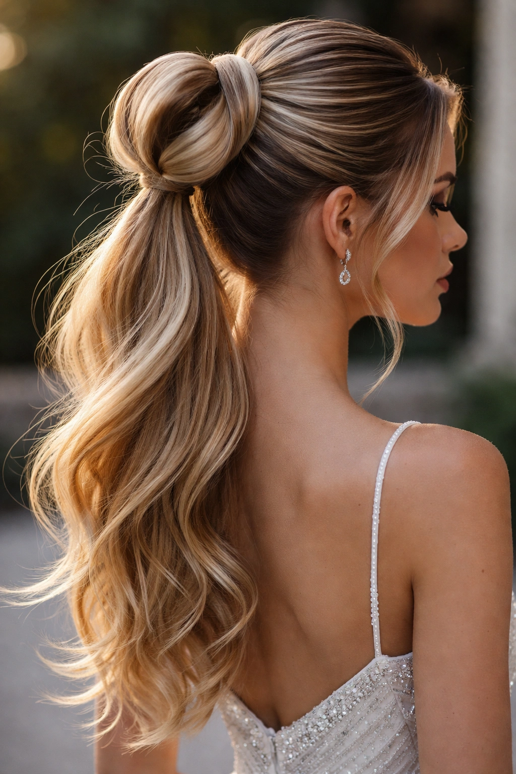 High ponytail looped into an infinity shape at the crown, tail hanging below