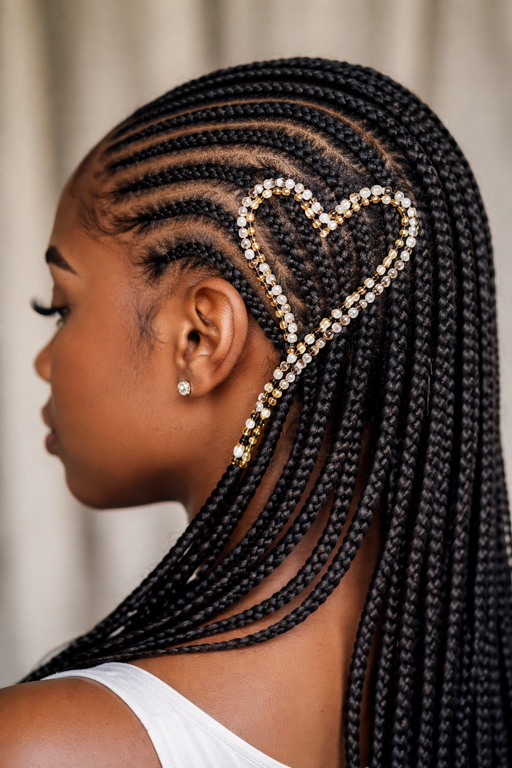 Beaded heart trail woven into small cornrows on scalp