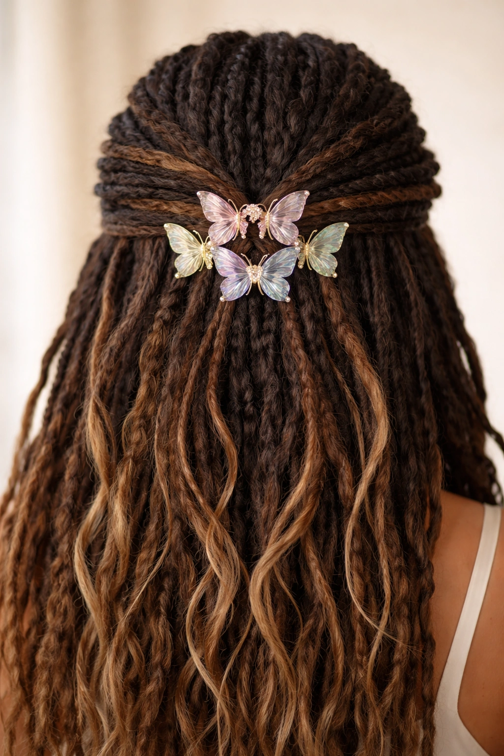 Back view of interlocking butterfly clips pattern on locs