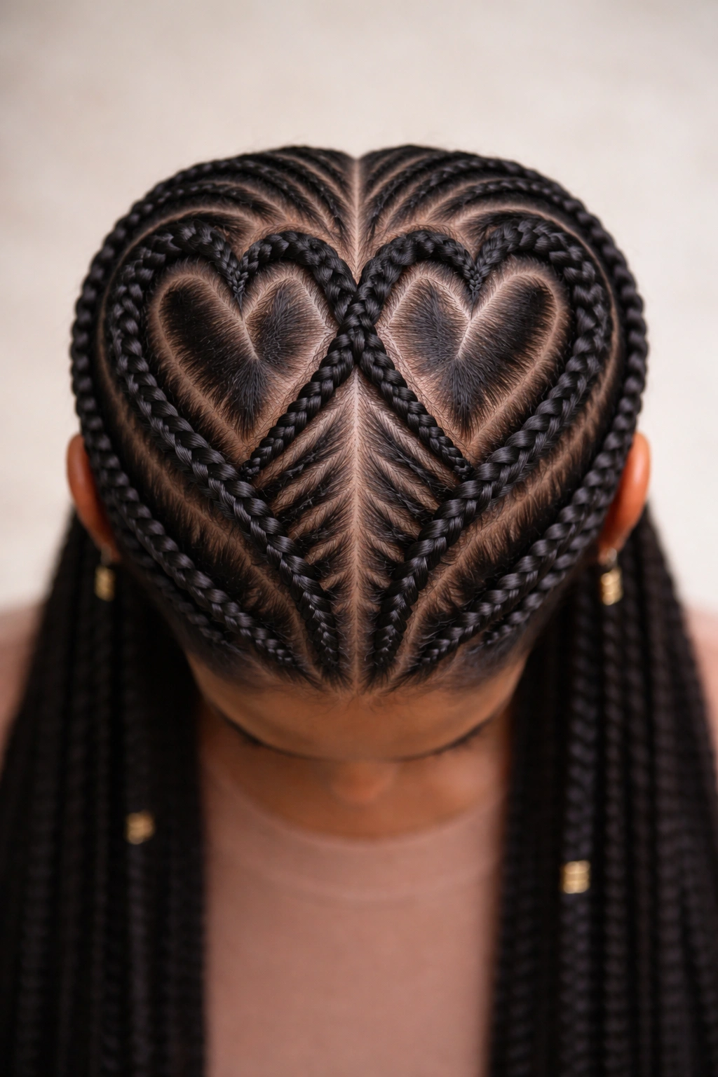 Crown with two interlocking hearts braided into the scalp
