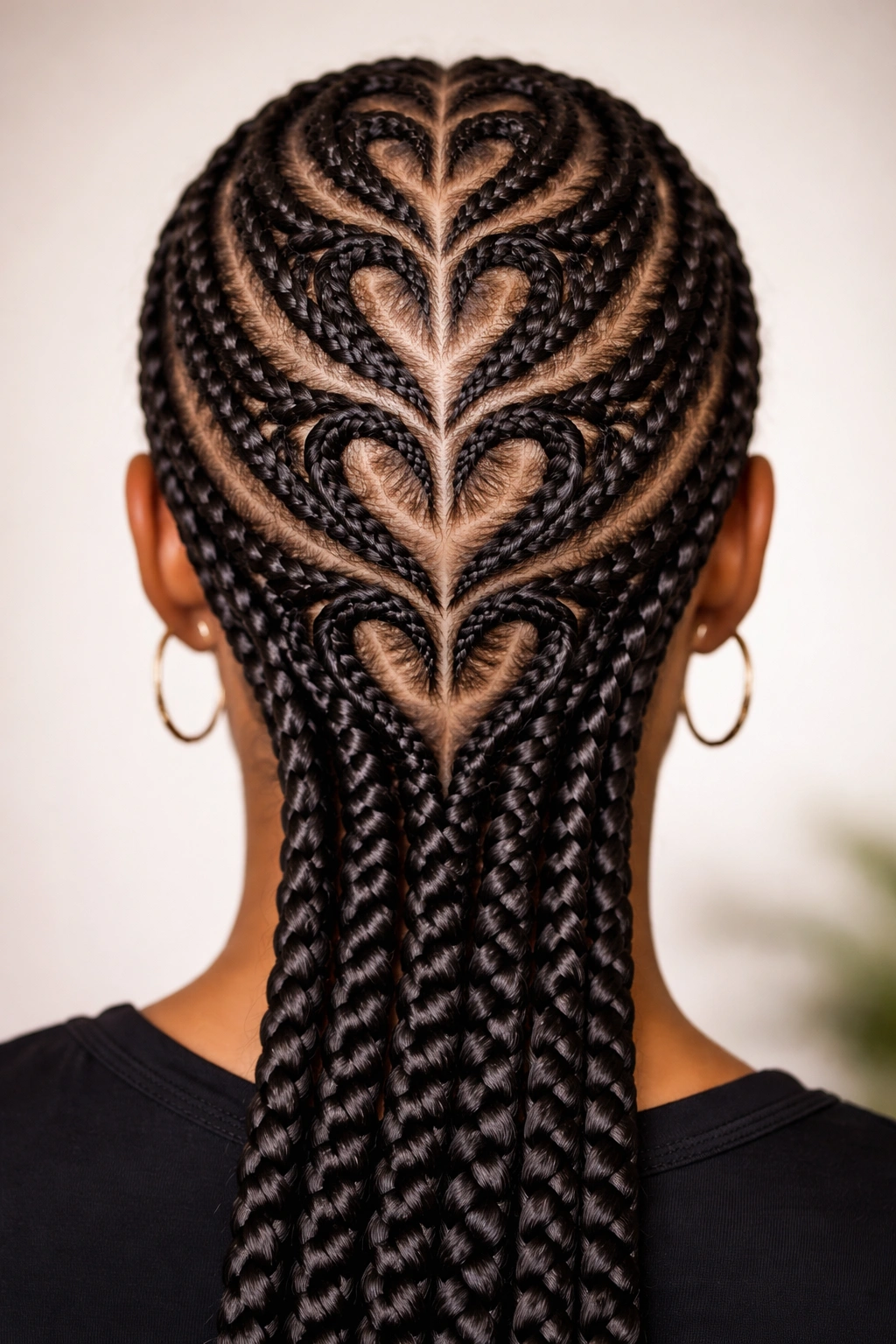 Interlocking heart pattern along crown and back in feed-in cornrows
