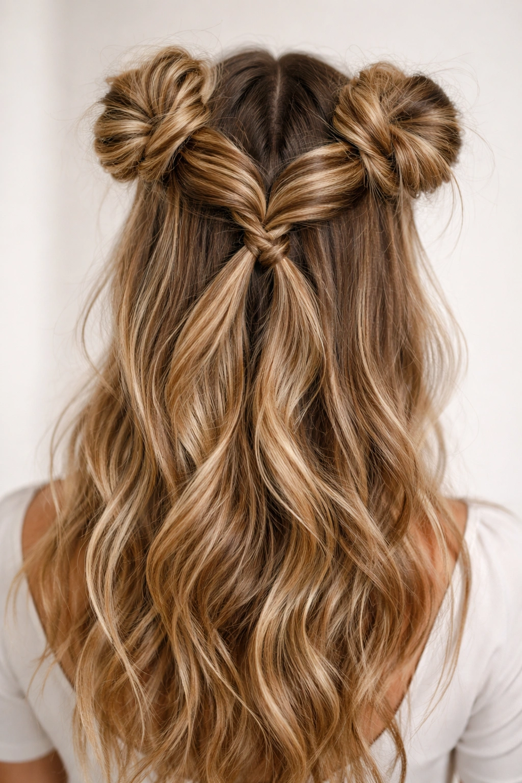Two interlocking twists forming a cohesive half-up into two buns with visible crossing in the back.