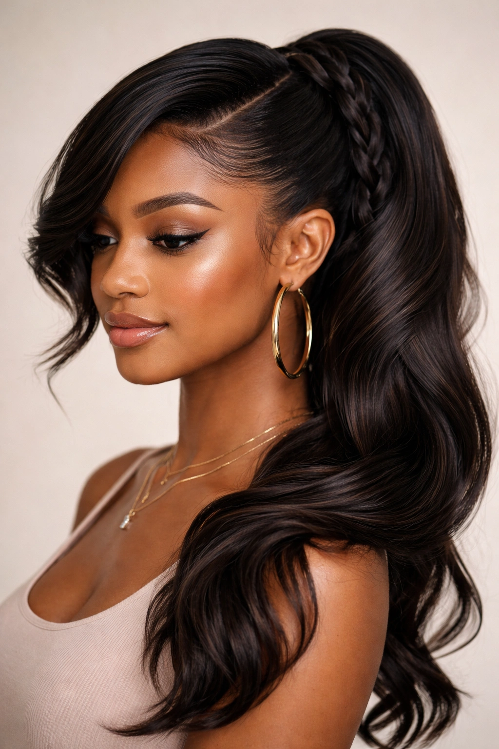 Swoop ponytail with intertwined hair extension