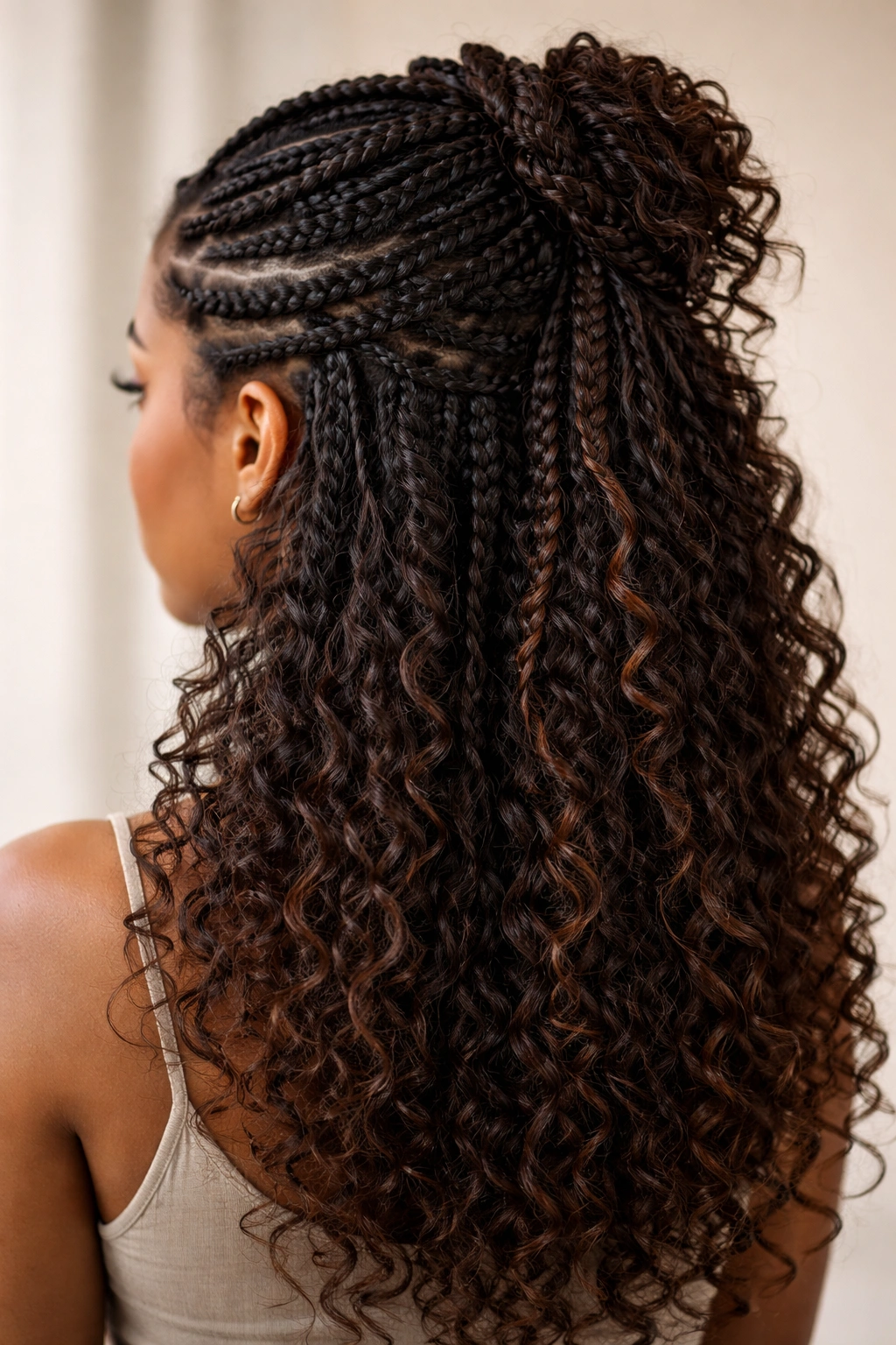 Close-up of an intricate half-up hairstyle with textured twists and braids incorporated into the pulled-up section