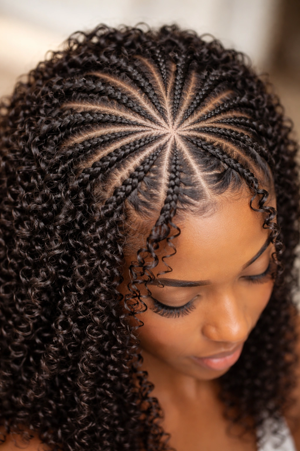 Small intricate butterfly cornrows with micro curls close-up
