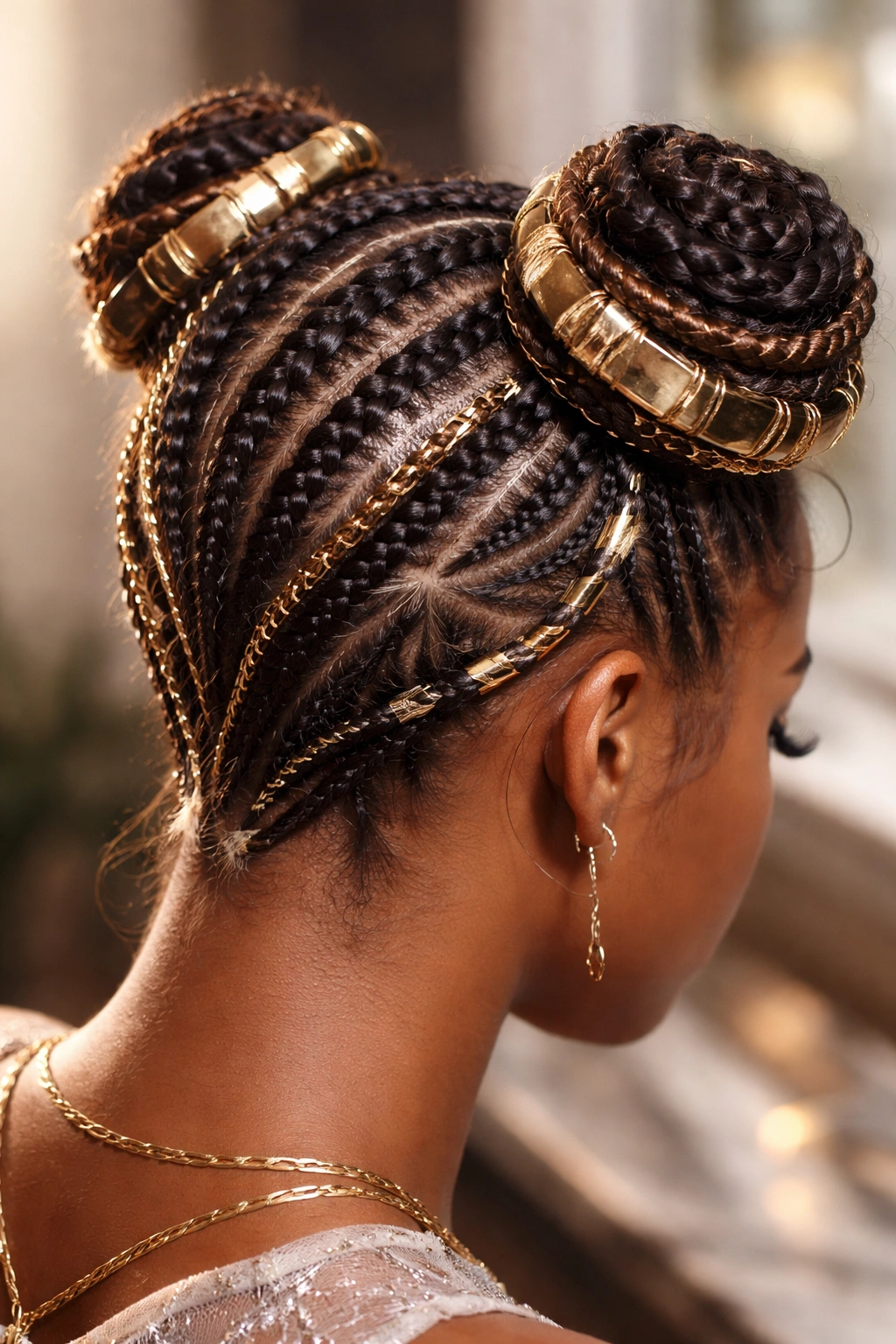 Intricate cornrow design with metallic wraps around bun bases