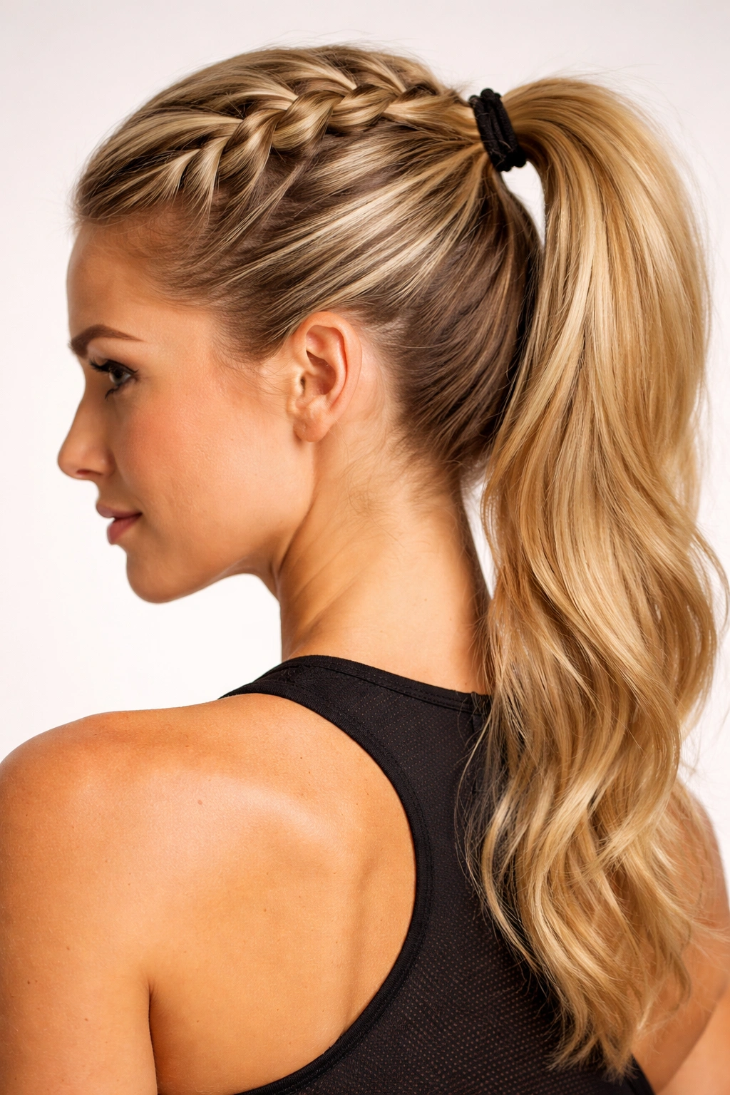 Front view of an inverted Dutch braid ending in a ponytail.