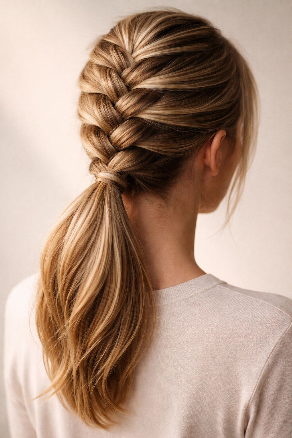 Back view of an inverted Dutch braid forming a ponytail at the nape.