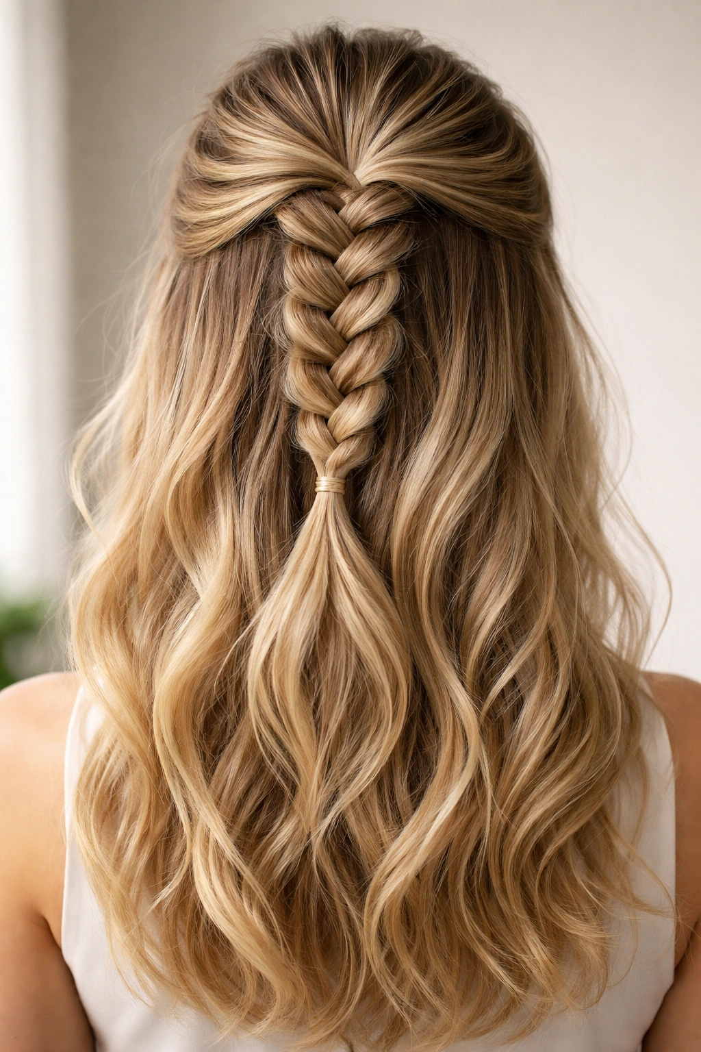 Back crown view showing inverted Dutch braid integrated into half-up style