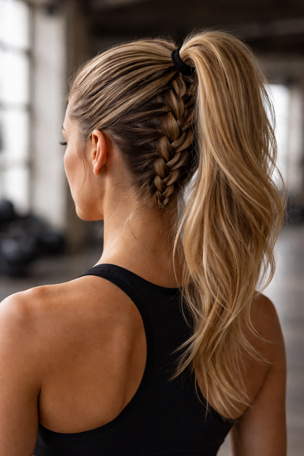 Close-up of inverted Dutch braid rising to a crown ponytail during a workout