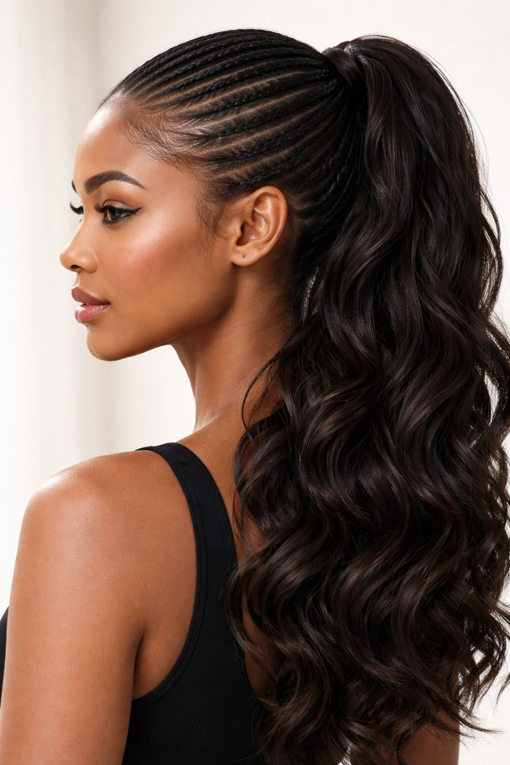 Profile view of invisible cornrows with loose waves and hidden ponytail