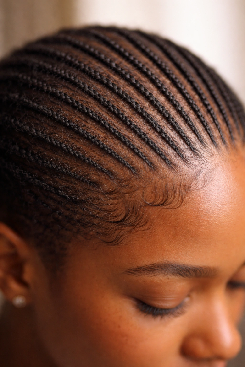 Close-up of scalp with invisible micro cornrows on short natural hair