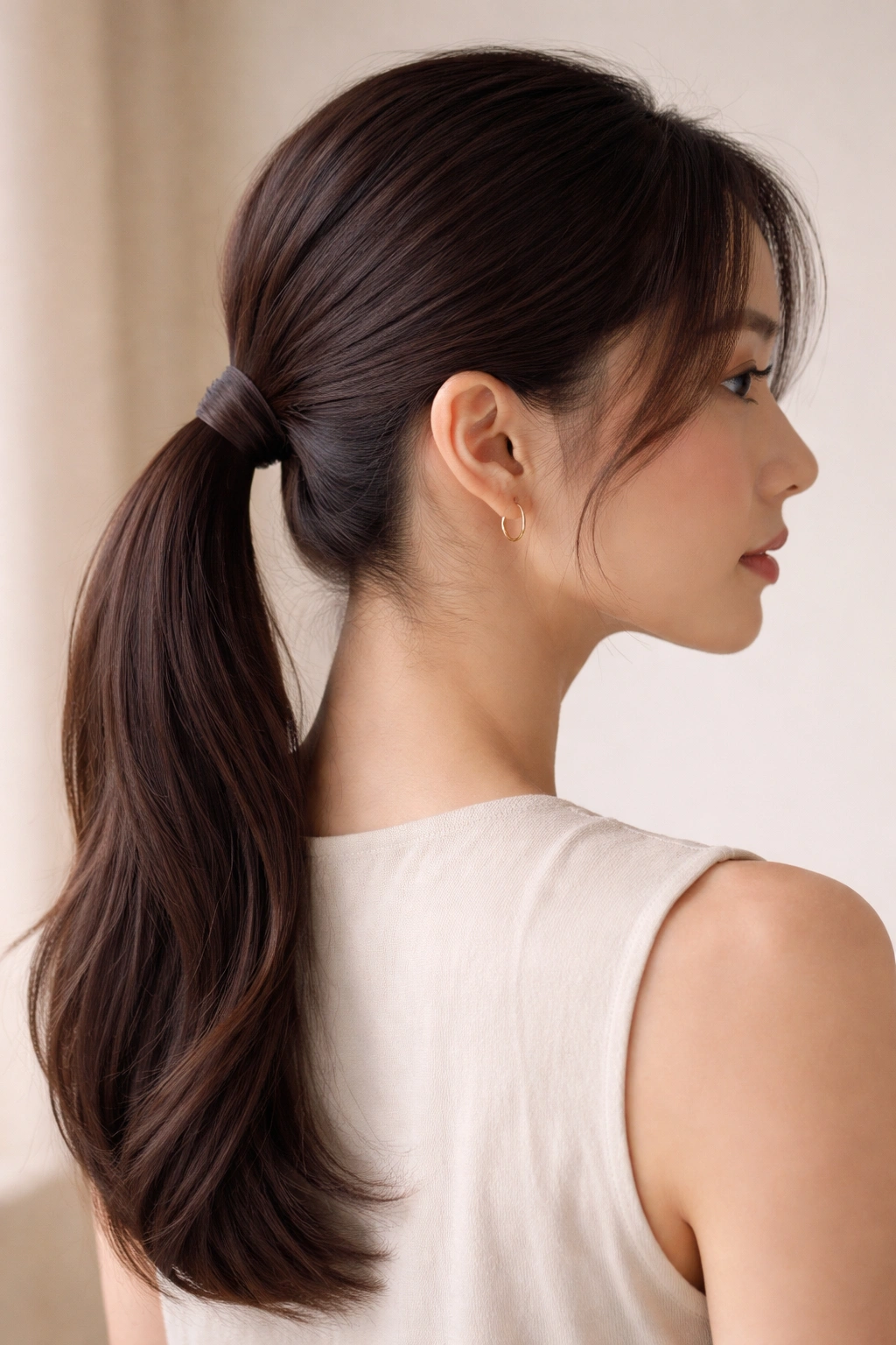 Ponytail with wrapped base concealing elastic, minimal Japanese hairstyle