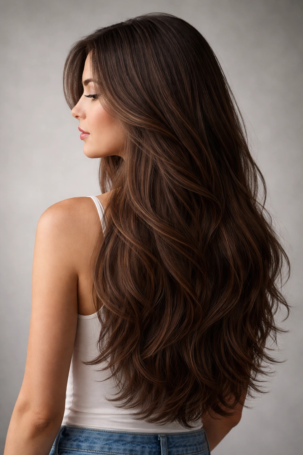 Side profile of brunette hair with hidden interior layers and textured bottom