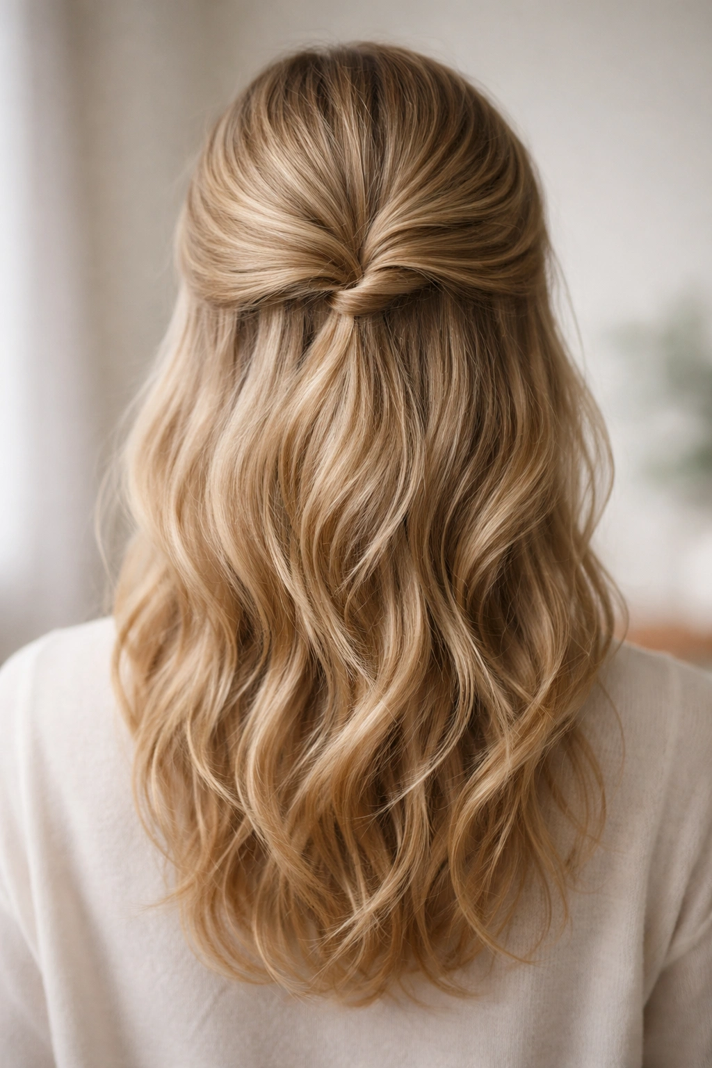 Back view of half-up hairstyle secured with invisible pins