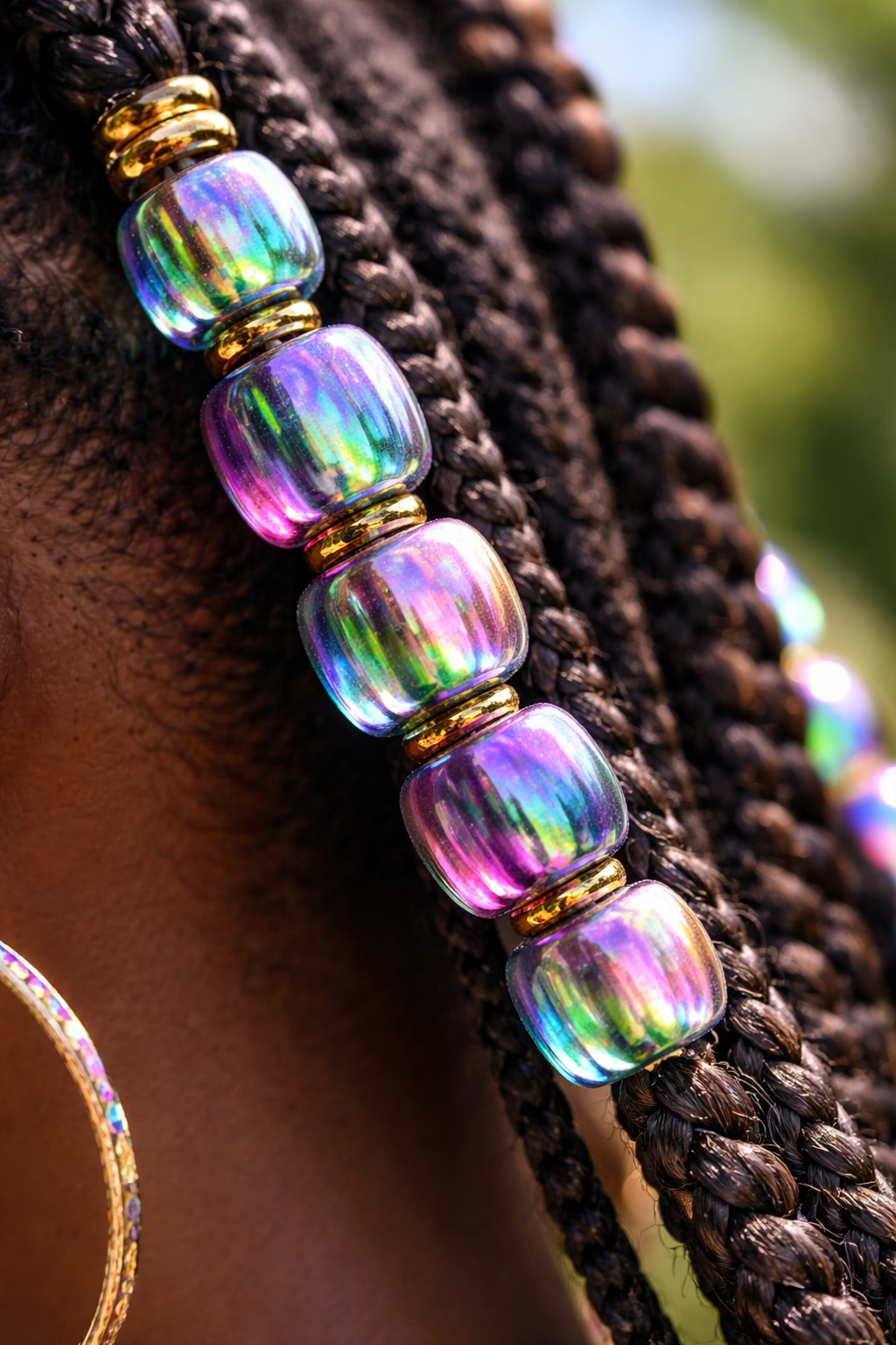 Iridescent beads on Fulani braid showing color shifts under natural sunlight