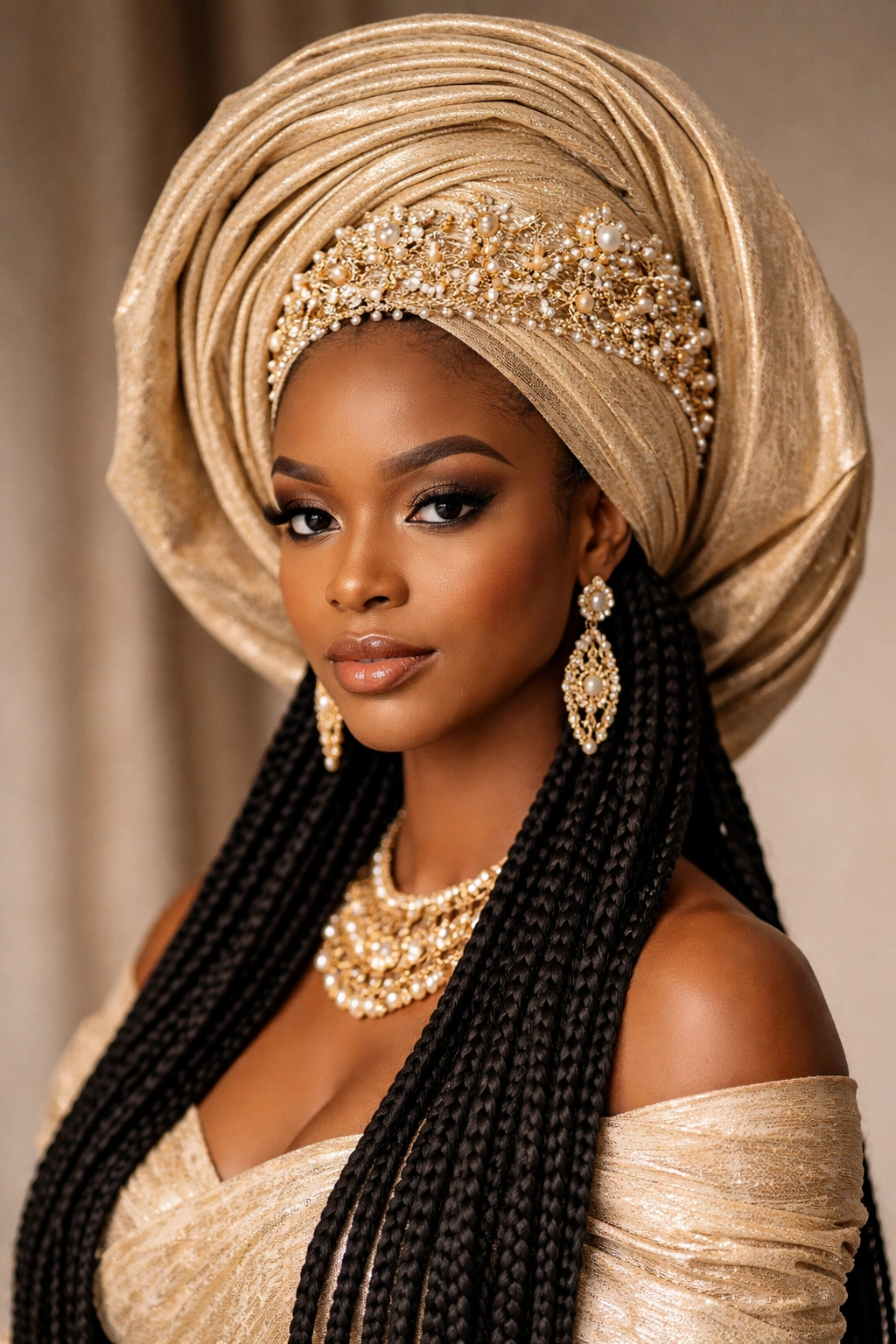 Close-up view of Irun Gelé with beaded crown showing a sculpted wrap and long braids beneath