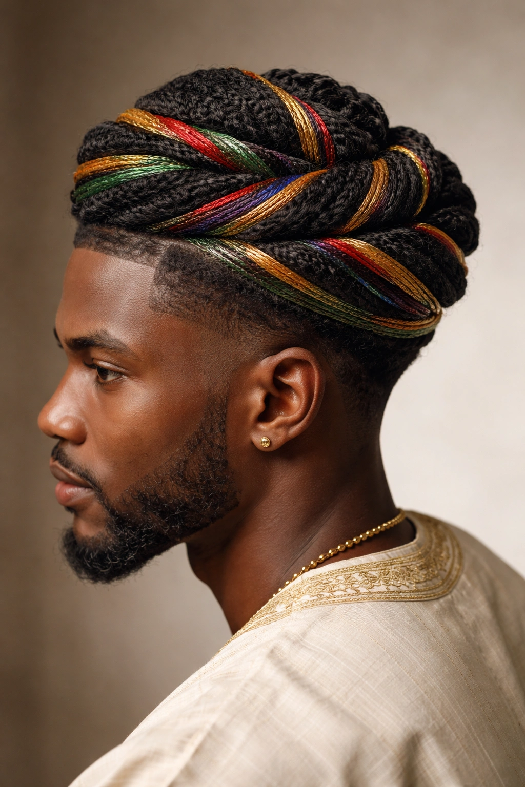Wrapped crown hairstyle with thread-wrapped sections