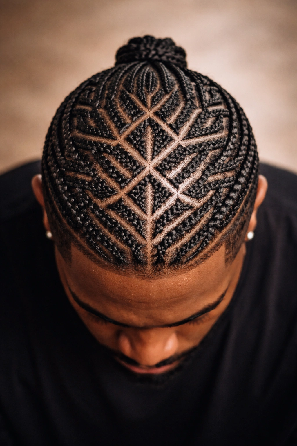 Top-down view of intricately braided Irun Kiko pattern on scalp