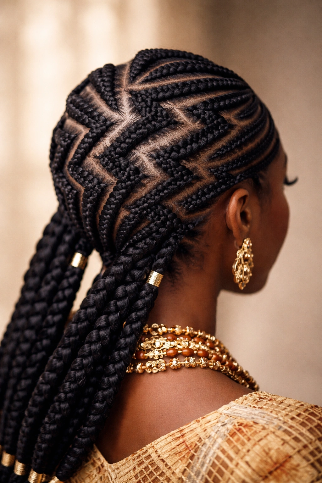 Close-up of Irun Sango zigzag braids on the scalp from above