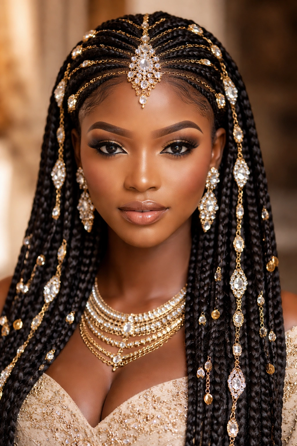 Braids decorated with rhinestones and metallic accents