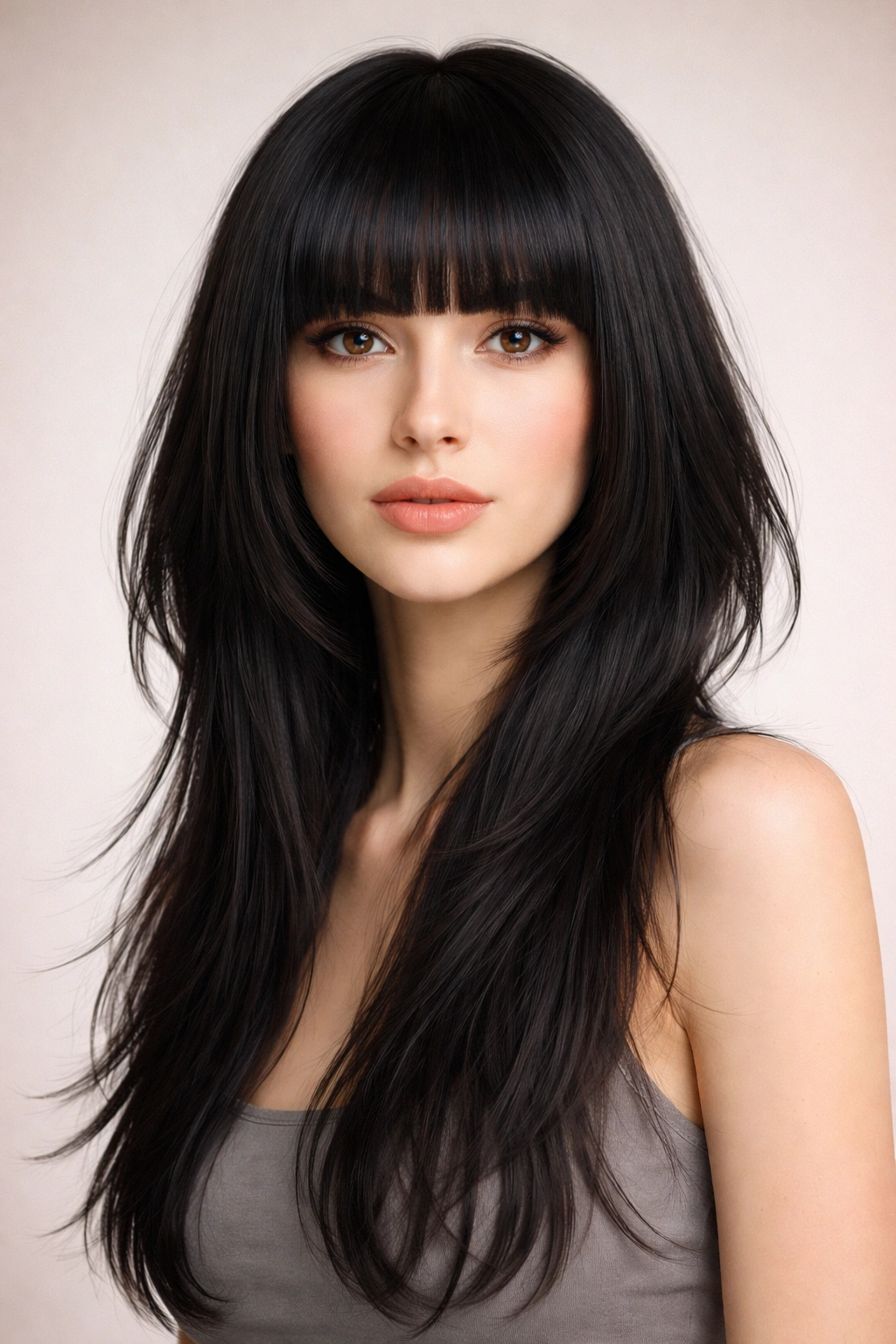 Portrait of a person with jellyfish haircut and blunt bangs framing the face