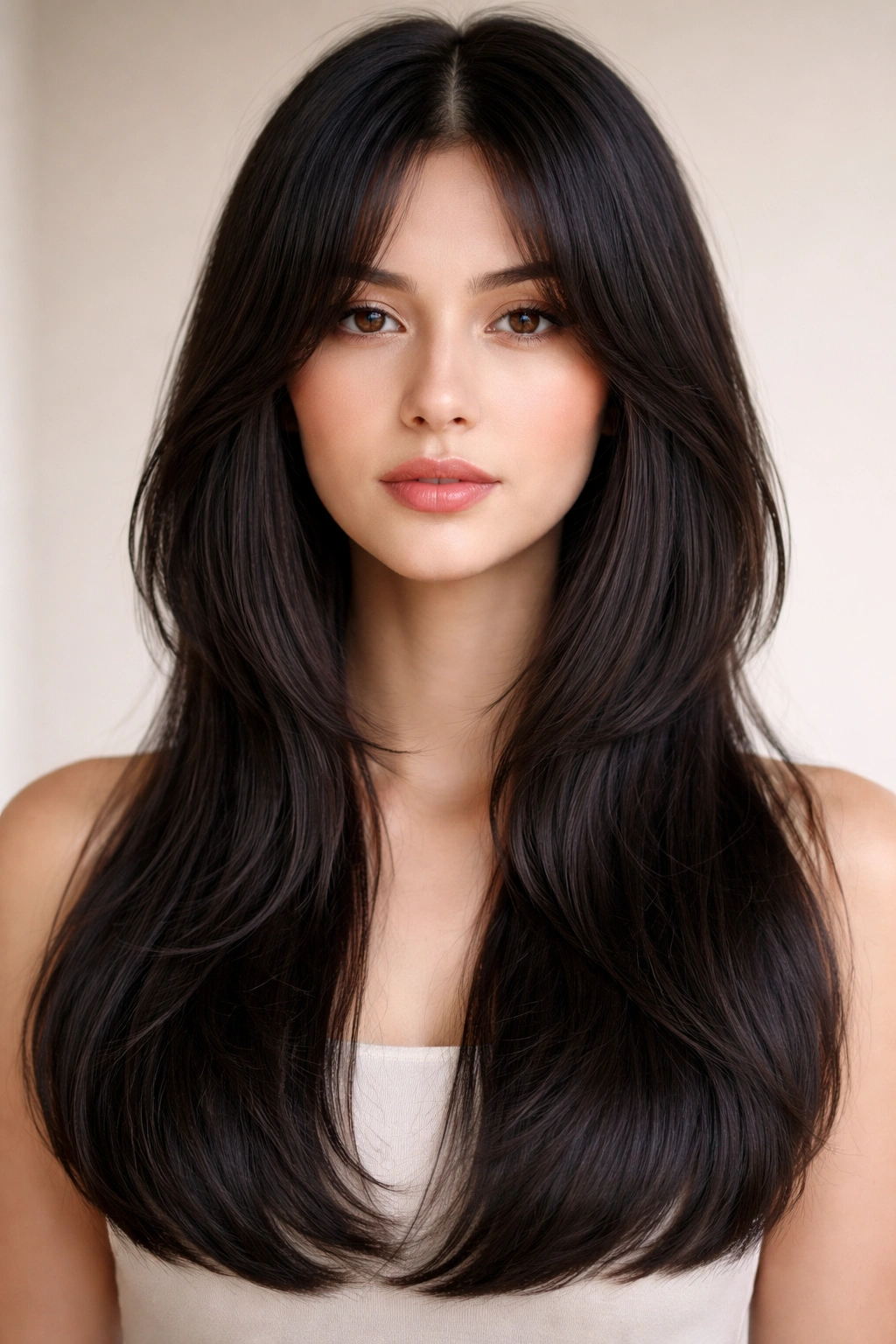 Close-up of jellyfish cut hair with curtain layers and center part on a plain backdrop