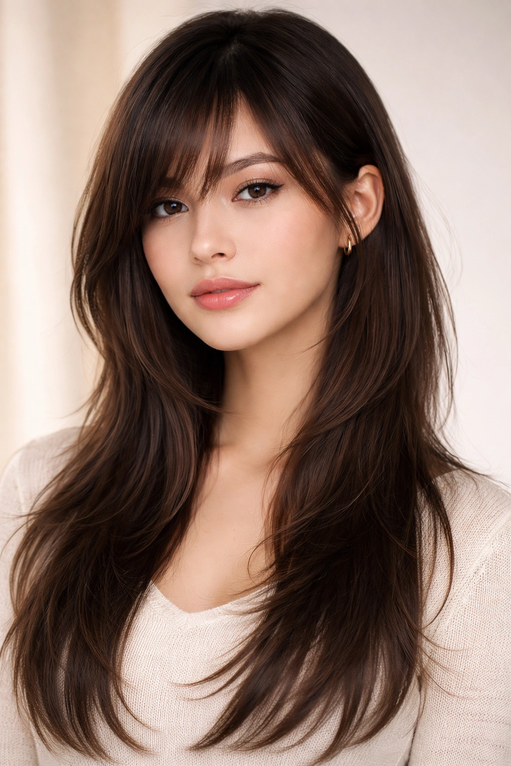Portrait of a jellyfish haircut with wispy side-swept bangs