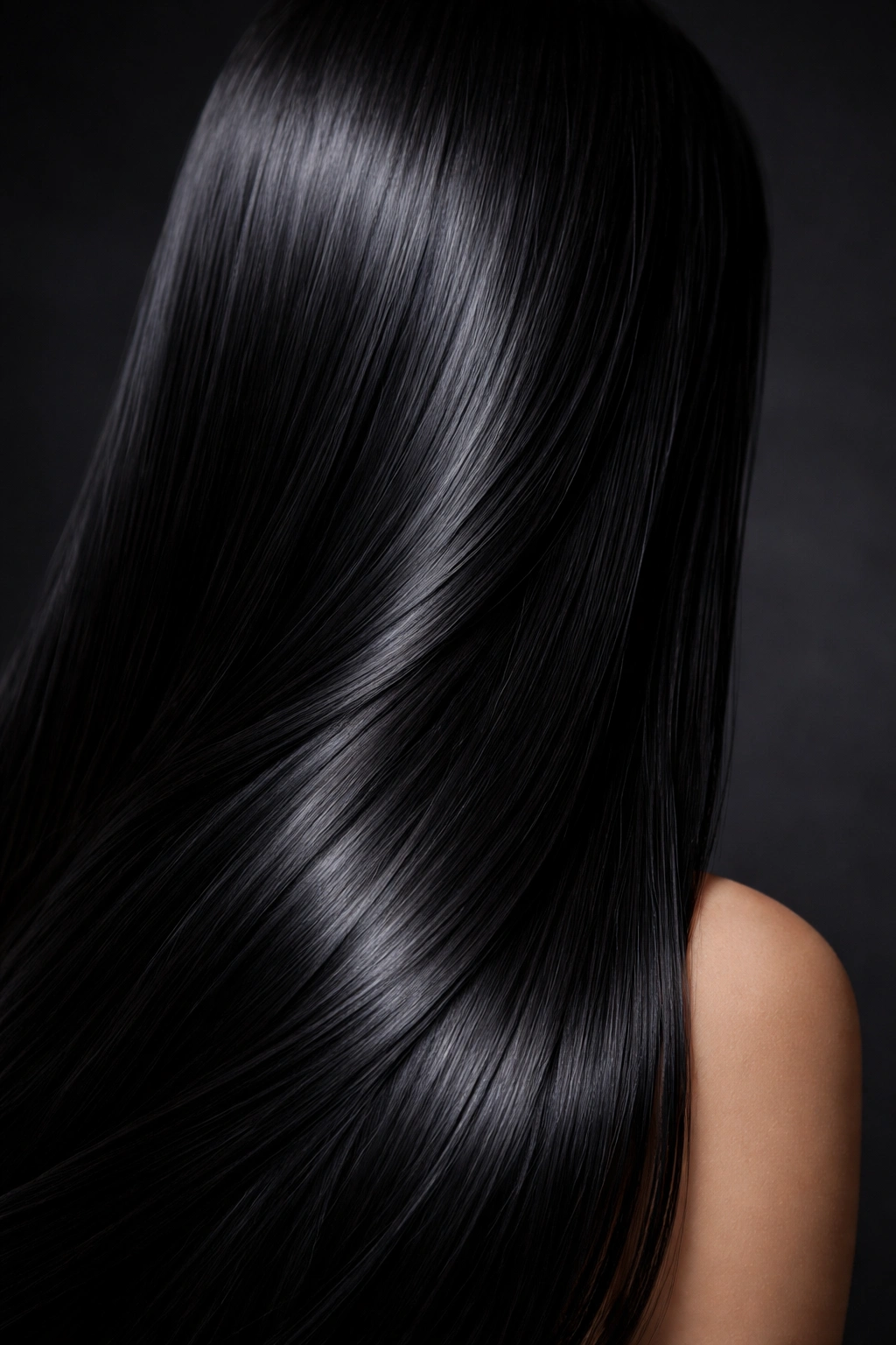 Close-up of jet black straight hair with a glossy ink-like shine in studio setting