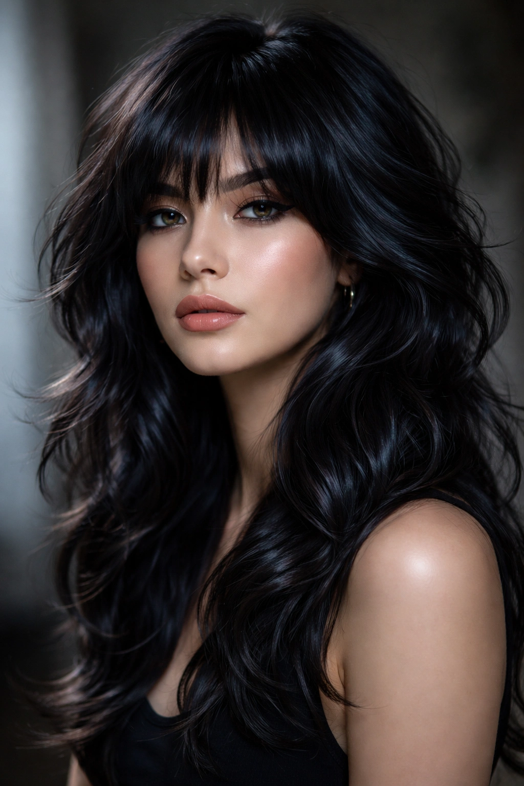 Close-up of a model with jet-black wavy wolf cut and iridescent light reflections