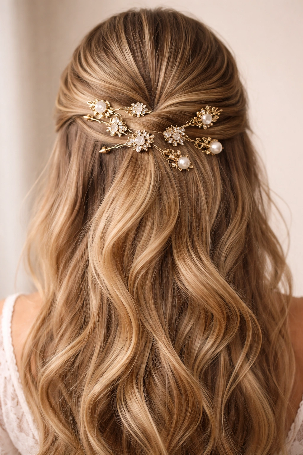 Cascading jeweled bobby pins throughout a half-up hairstyle
