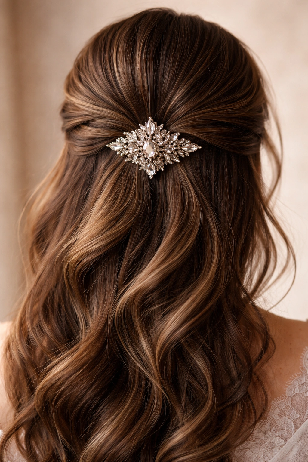 Close-up of thick hair twisted into a half-up with a large jeweled brooch at the crown