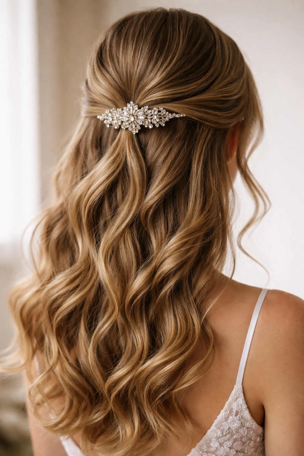Low gathered half-up hairstyle secured with a jeweled clip