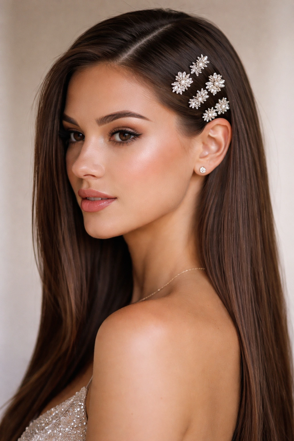 Straight hair with clusters of jeweled clips along the hairline.