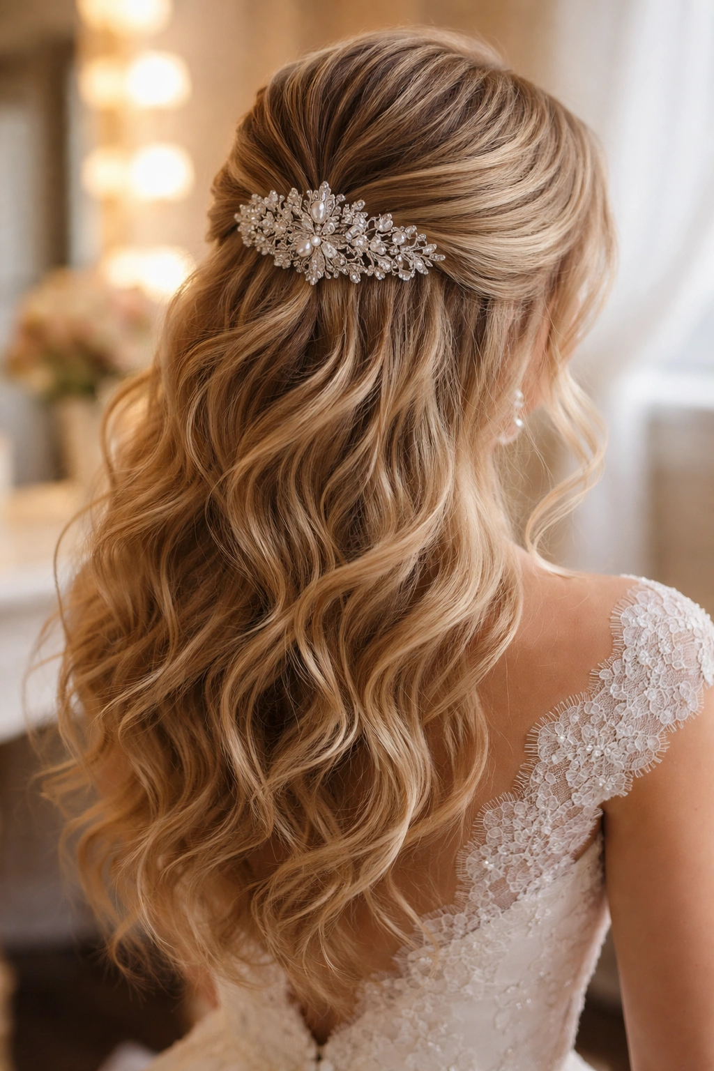 Half-up hairstyle with a large ornate jeweled comb and textured waves
