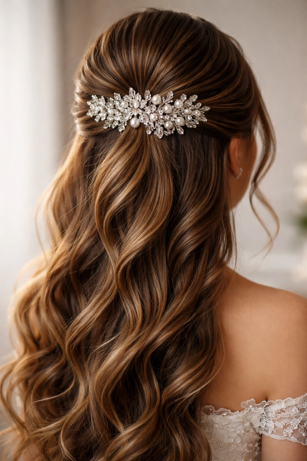 Close-up of The Half-Up with Jeweled Hair Comb showing a jeweled comb securing a half-up style