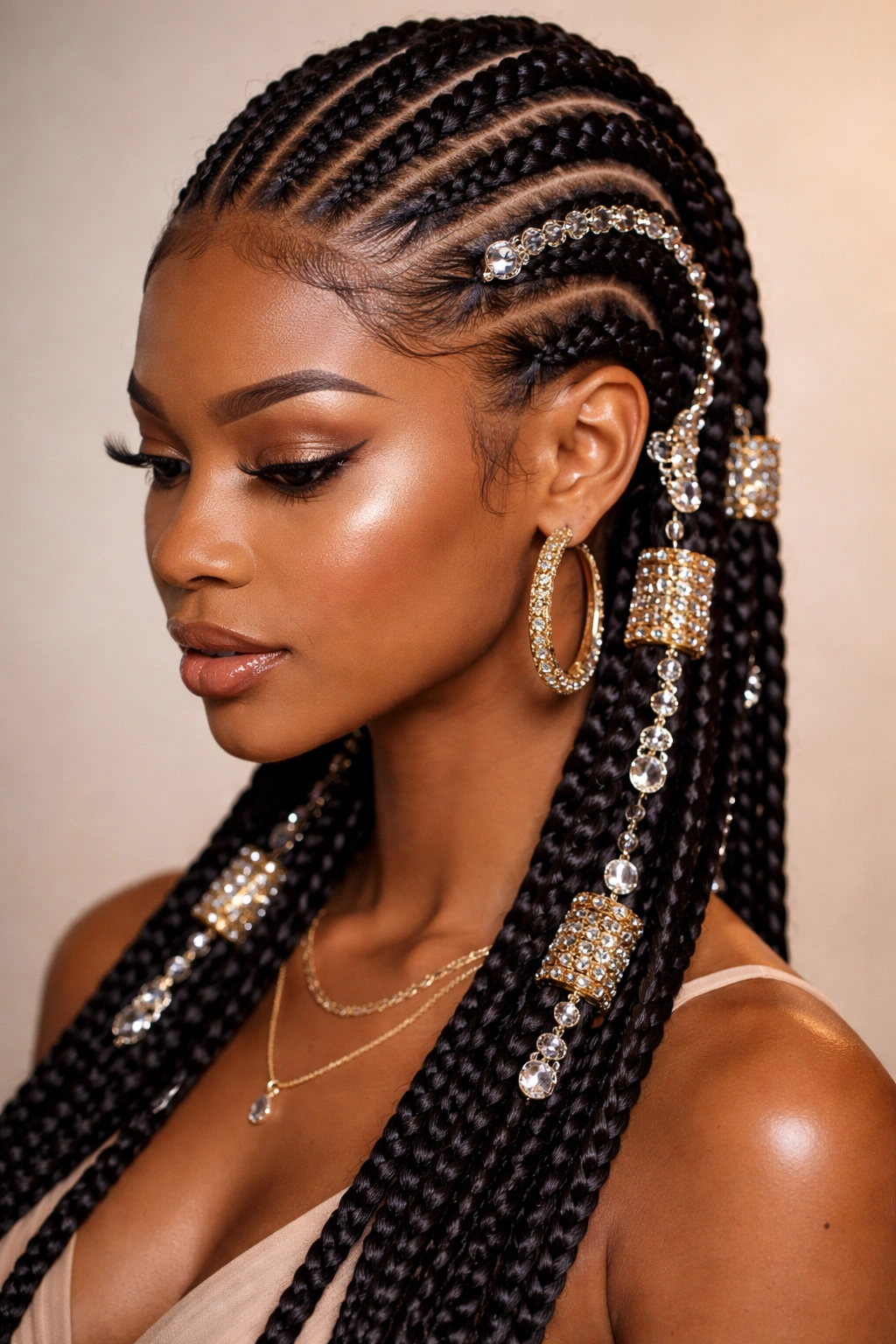 Bold cornrows with jeweled accents on braids
