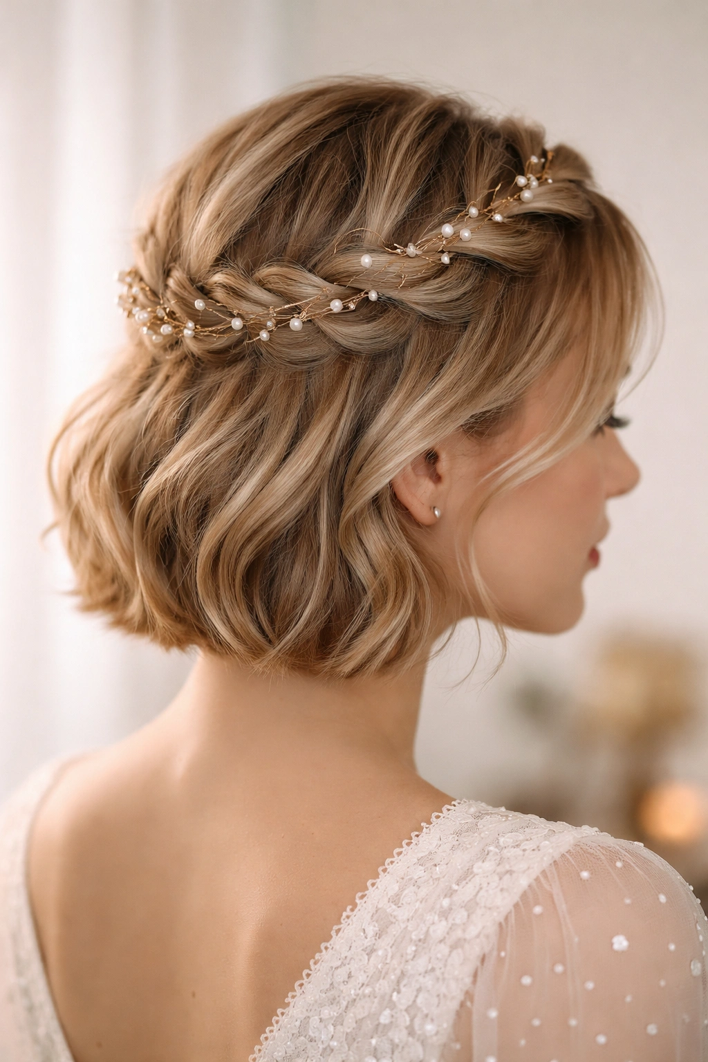 Crown braid with subtle jeweled accents woven into the crown on short hair