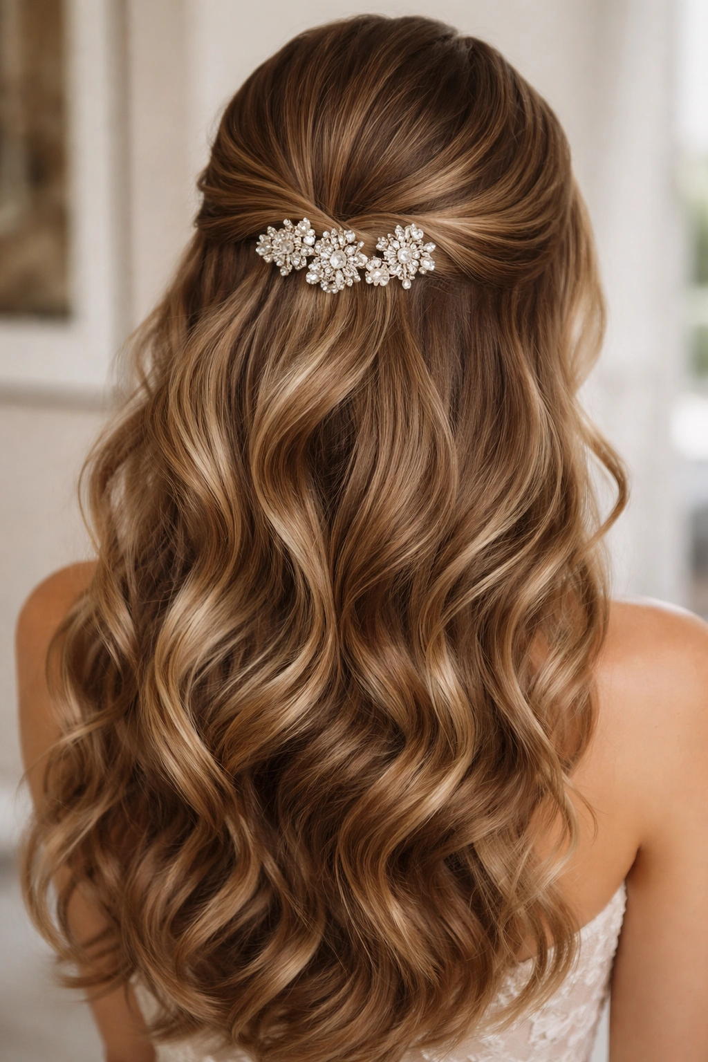 Half-up hairstyle secured with cluster of jeweled pins and soft waves.