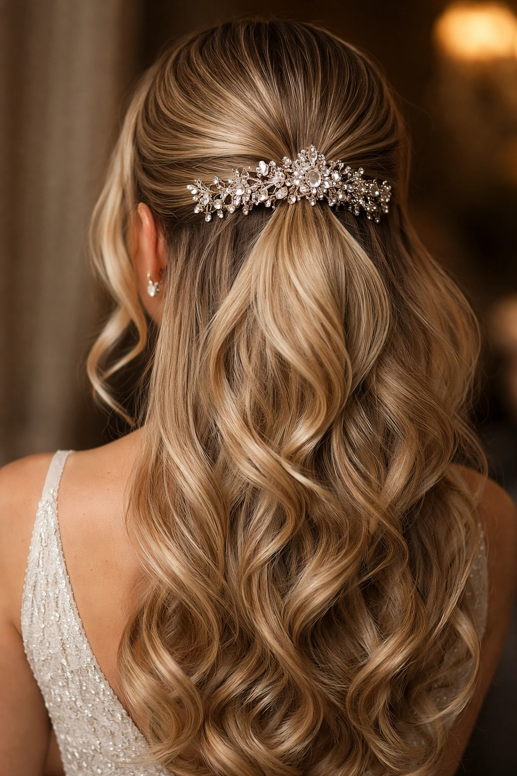 Close-up of jeweled half ponytail with crystal accessories in the hair