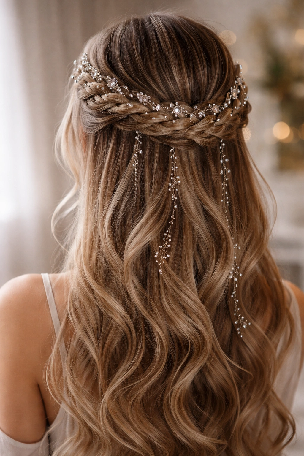 Close-up of jeweled halo half-up braid with beads