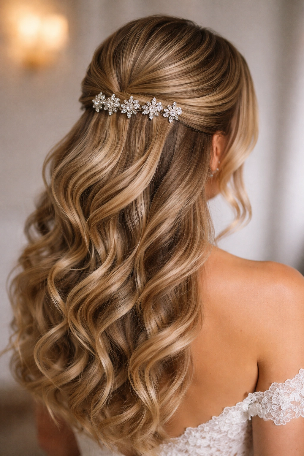 Back view of glamorous half updo with jeweled pins along the crown