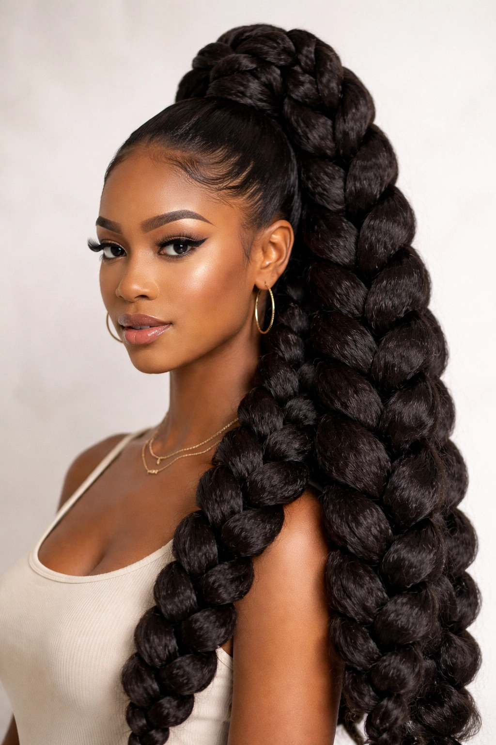 Close-up of jumbo braid crochet ponytail with thick, wide braids forming a ponytail
