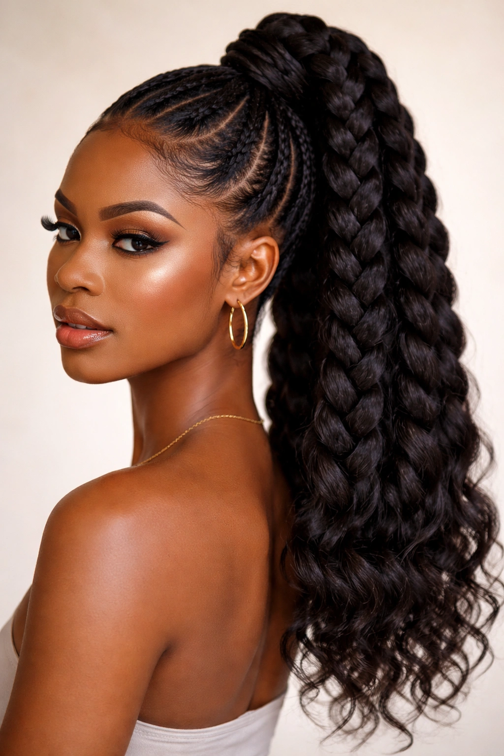 Close-up of a Black woman with jumbo braided ponytail showing thick braids