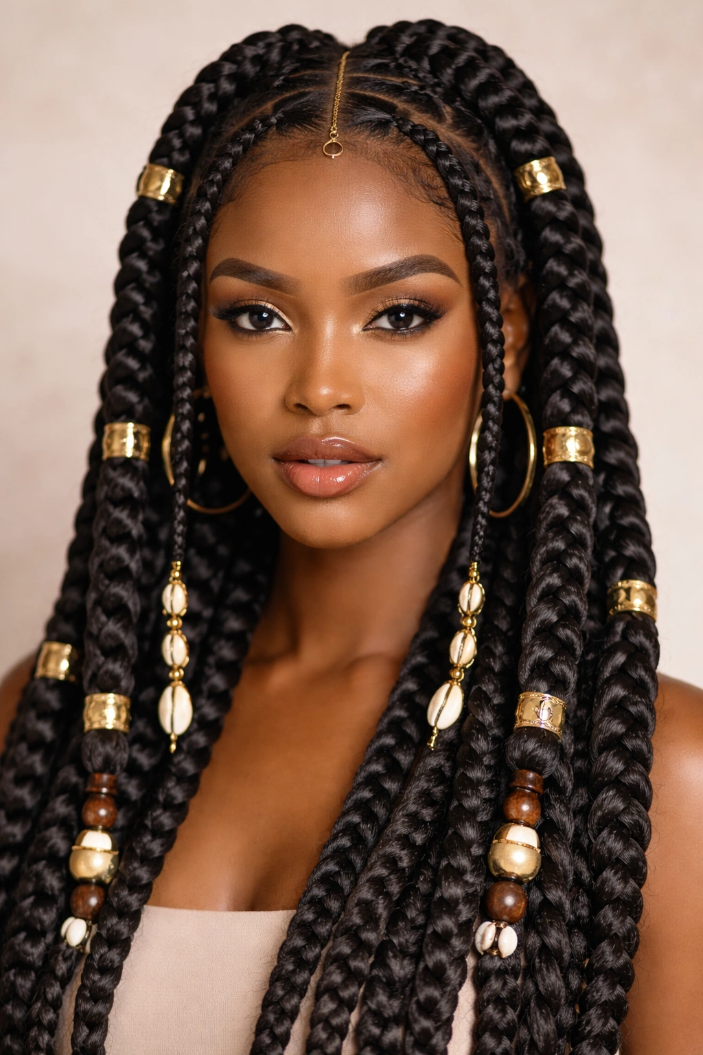 Jumbo Fulani braids with gold cuffs on a simple studio backdrop
