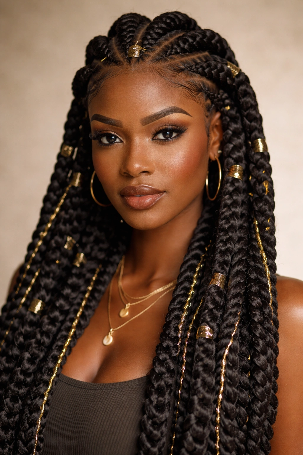 Close-up of jumbo Fulani braids with metallic thread weaving